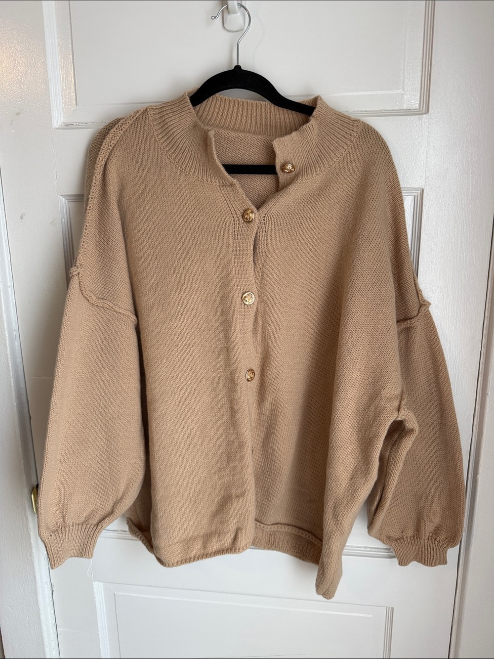 SHEIN Tan Button-Up Balloon Sleeve Cardigan